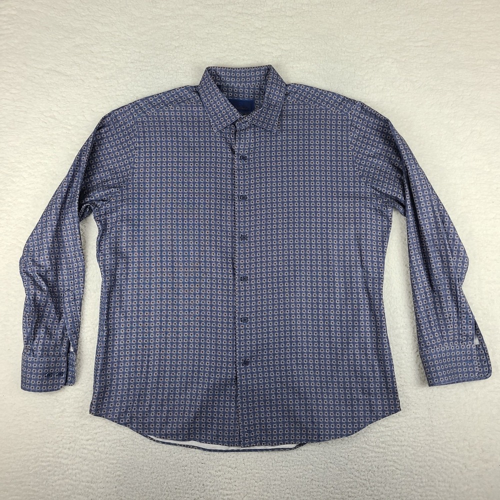 David Donahue Dress Shirt Mens Xl / 17.5 Blue Brown Geometric Button Up